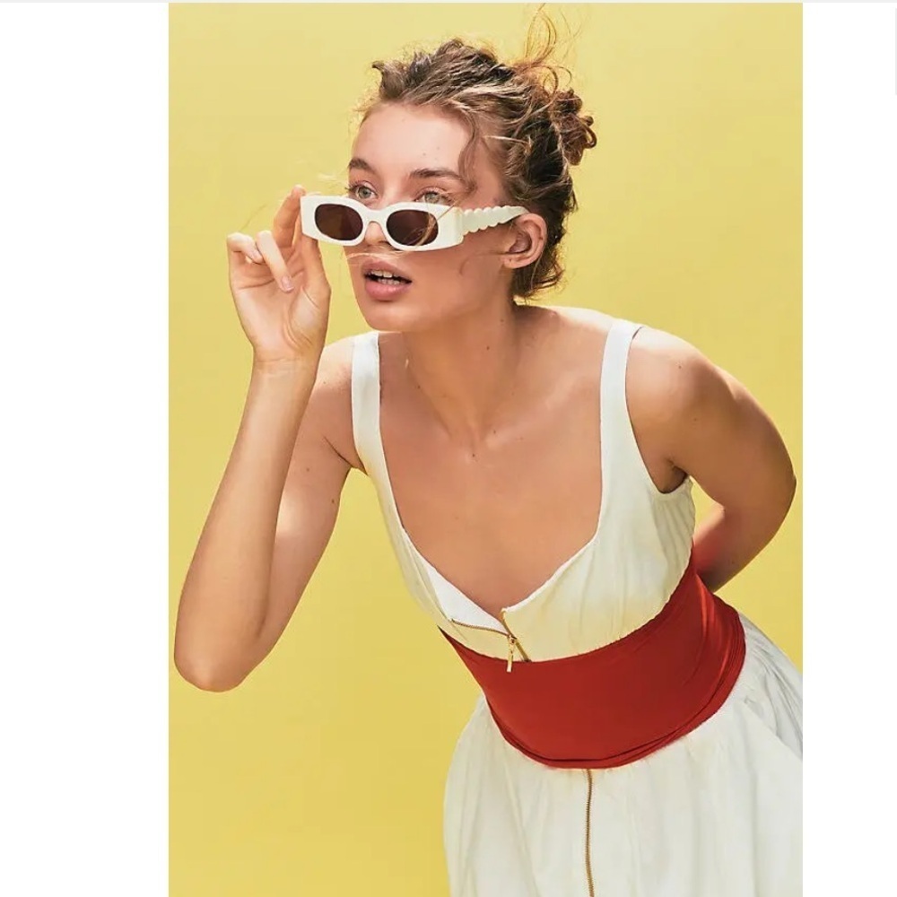 Anthropologie Cream Rectangle Wavy Temple Sunglasses